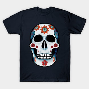 Blue floral skull with red flowers T-Shirt